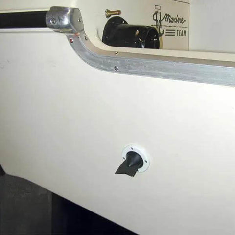 Boat with installed Duck Bill Scupper Replacement For Flapper Scuppers White And Black Seals Tight Under Water Pressure No Frills Universal Fit