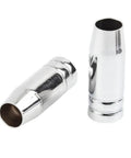 MB25 MIG Nozzle Guard Conical Welding Shroud For Binzel Style Tips, Pro Grade Fit With Leak-Proof Air Push, Boosted Shielding Gas Coverage For Porosity-Free Welds And Cleaner MB25 Torch Performance. Two chrome MB25 MIG nozzle guards shown