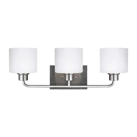 Canfield Three Light Wall Mount Vanity Fixture In Brushed Nickel With Etched White Glass, modern bathroom lighting, front view