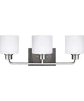 Canfield Three Light Wall Mount Vanity Fixture In Brushed Nickel With Etched White Glass Shades For Bright Modern Bathroom