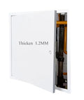 Badass Thick Steel Access Panel With Slick Screwdriver Latch Lock And No Sweat Drywall Install Mounting Brackets For Home Repairs And Tight Wall Openings In White Heavy Duty Construction covers sealed plumbing access.