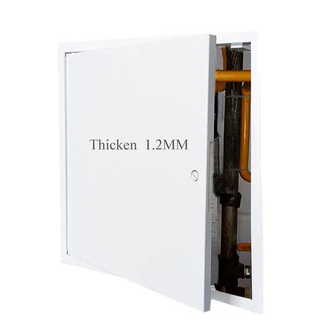 Badass Thick Steel Access Panel With Slick Screwdriver Latch Lock And No Sweat Drywall Install Mounting Brackets For Home Repairs And Tight Wall Openings In White Heavy Duty Construction covers sealed plumbing access.