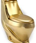 Upgrade Your Restroom Routine With This Dope One Piece Toilet Showcasing A Polished Gold Finish Sculpted Base And Smooth Flush Action Perfect For A Top Shelf 10 Inch Rough In Modern Setup, side view.