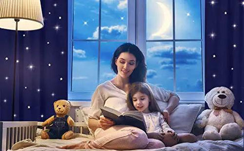 Star Cutout Blackout Curtains For Kids Room And Bedroom, Navy Blue Light Blocking Drapes With Dreamy Twinkle Stars in use.