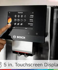 Double Cup Barista Style Home Fully Automatic Coffee Machine With 36 Drink Presets And Touchscreen Controls For Latte Macchiato Cappuccino Or Espresso Personalize Strength Size Milk Ratio And Aroma Large Bean Hopper Easy Clean Stainless Steel with visible touchscreen display.