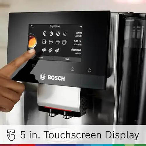 Double Cup Barista Style Home Fully Automatic Coffee Machine With 36 Drink Presets And Touchscreen Controls For Latte Macchiato Cappuccino Or Espresso Personalize Strength Size Milk Ratio And Aroma Large Bean Hopper Easy Clean Stainless Steel with visible touchscreen display.