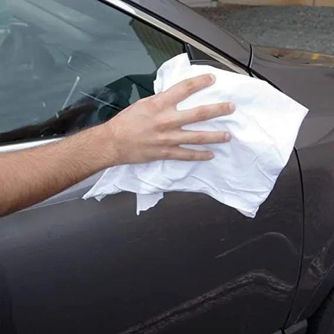 Hand using white rag on car, Bulk Jersey Knit T Shirt Rags Poly Cotton Cleaning Cloths For Painting Polishing Auto Shops And Bar Work 25 Lb Box