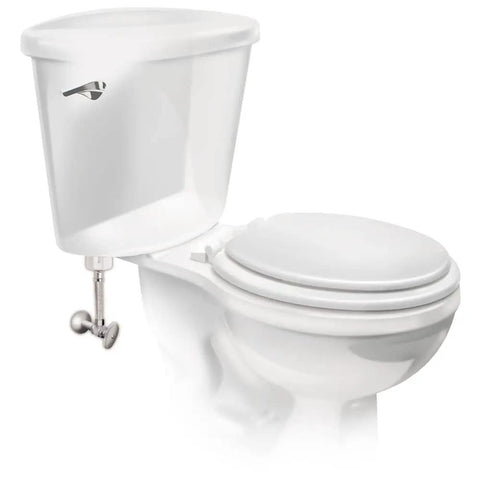 Installed Braided Stainless Steel Toilet Connector with Click Seal on white toilet, 3/8 in female compression to 7/8 in ballcock fitting