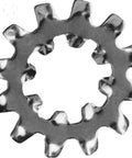 Close-up of 3/8-inch internal and external tooth lock washer for screws and bolts, zinc-plated steel, part of 25-pack, vibration resistant.