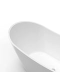 Top Shelf Acrylic Freestanding Soaker Tub Featuring Deep Soaking Pool And Sculpted Curved Backrest For Serious Lumbar Relief And Prime Chill Vibes In Crisp White, close-up view of smooth interior.
