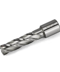 Angled side view of a steel annular cutter with Weldon shank, 9/16 inch cutting diameter.