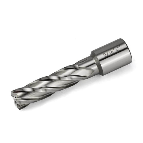 Angled side view of a steel annular cutter with Weldon shank, 9/16 inch cutting diameter.