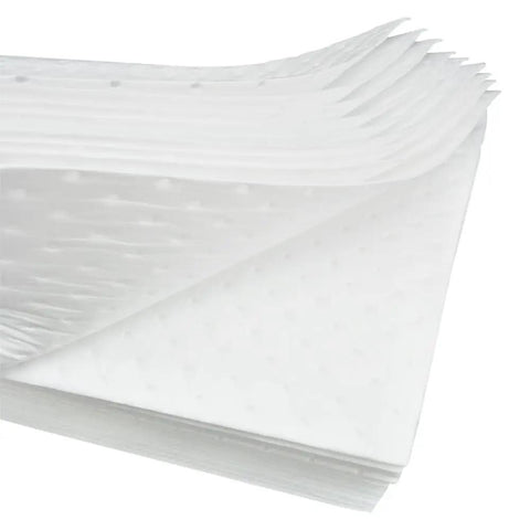 Heavyweight Oil Absorbing Pads For Garage Workshop Clean Up Oil Only Absorbent Mats 15 X 20 Inches Pack Of 50 polypropylene sheets stacked.
