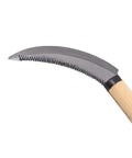 One Handed Berry Harvest Sickle Knife With 4.5 Inch Curved Serrated Carbon Steel Blade shown close-up with wooden handle.
