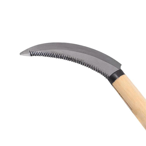 One Handed Berry Harvest Sickle Knife With 4.5 Inch Curved Serrated Carbon Steel Blade shown close-up with wooden handle.