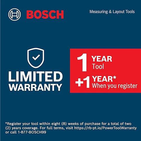 Bosch limited warranty graphic showing 1 year tool warranty plus 1 additional year with registration within 8 weeks.