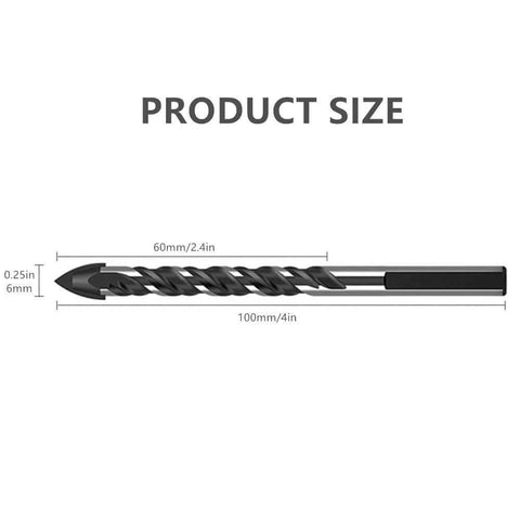 Side view of 1/4 in carbide tile/glass drill bit with 3-flats shank; 60 mm flute, 100 mm overall length.