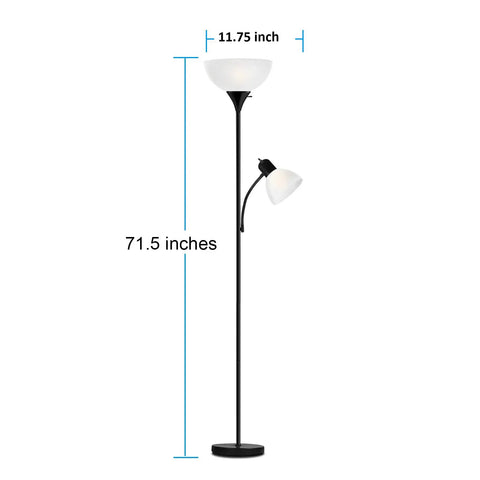 Dope Free Standing Floor Lamp With An Adjustable Reading Light And Main Uplight 3 Way 150W Incandescent Frosted White Shade Perfect For Living Room Office Or Bedroom, dimensions labeled