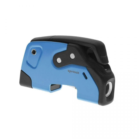 Blue Spinlock XTR rope clutch, side view; compact sailing hardware with black lever and mounting hole.