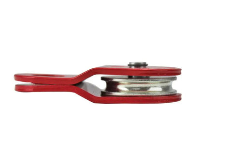 Heavy Duty Snatch Block Without Hook For ATV Winches That Doubles Your Pull Power Fits Three Sixteenth Inch Cables Works With All ATV Winches Semi Permanent Mount Angled Pulls Cut Heat Build Up And Amp Draw, red steel side view