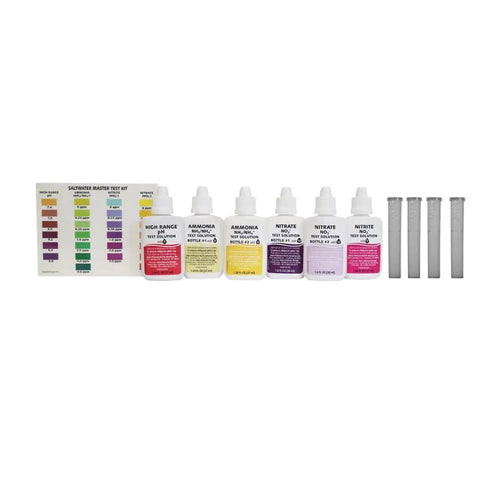 Zero Drama Saltwater Aquarium Water Test Kit with chemical bottles and color guide for pH, ammonia, nitrite testing.