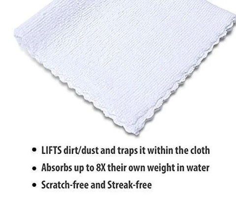 Close-up of white microfiber cleaning cloth with scalloped edge, 12x12 inches.