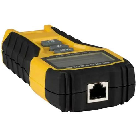 LAN Scout Jr 2 Ethernet Cable Tester for CAT5e CAT6 CAT6A RJ45 with backlit LCD and RJ45 port, front view.