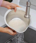 Stainless Steel Rice Washer Strainer Bowl With Agitator Bumps For Quick No Fuss Rinsing, shown in use under faucet, rust resistant colander