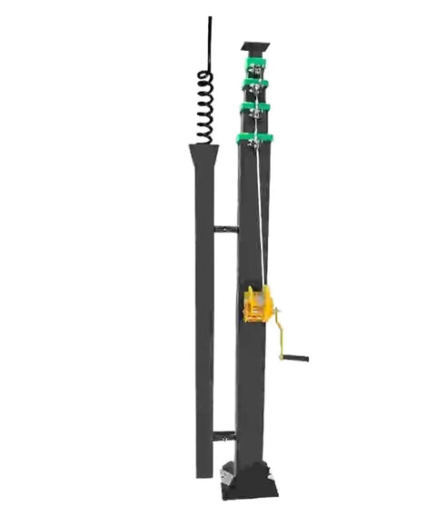 Heavy Lift Heavy Duty Telescopic Rigging Pole Expands To Ten Meters With Thick Aluminum Sections For Serious Speaker Loads And No Sweat One Person Setup Job, showcasing raised sections and crank mechanism.