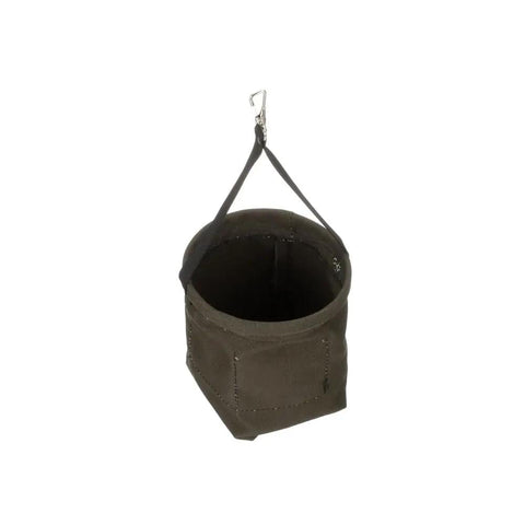 Canvas Tapered-Bottom Tool Bucket With Two Interior Pockets And Snap Clip Made From No 10 Canvas 8 Inch High And 6.5 Inch Diameter Pro Grade Gear Organizer For Handymen And DIY Pros shown hanging.