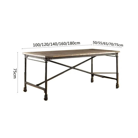Mobile Computer Desk On Wheels With Smooth Gliding Casters Vintage Industrial Wood And Metal Frame Large Portable Writing Table dimensions shown.
