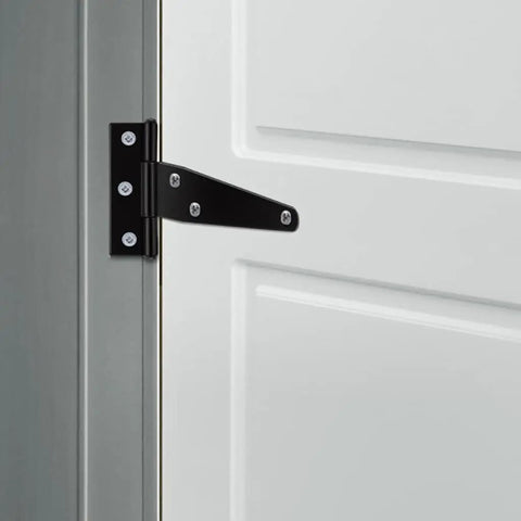 Set Of 10 T Shaped Rustproof Door Hinge Straps For Shed Doors Black 4 Inch 5 Inch 6 Inch 8 Inch With 6 Or 7 Screw Holes, mounted on white door