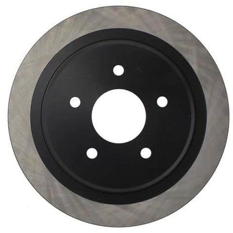 Front view of Centric Premium rear-right brake rotor with black center hub and five lug holes.