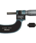 0 to 25 mm Outside Micrometer With 0.001 mm Resolution, Mechanical Counter Readout, Ratchet Stop, Carbide Tipped Spindle and Anvil, Wear Resistant Measuring Faces for Precision Inspection and Machining, shown with micrometer and setting standard