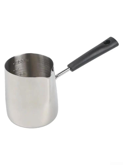 Stainless Steel Milk Pot With Easy Pour Spout For Chocolate Melting Butter Warming And Sauce 350ml shown side view