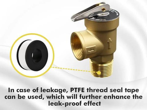 VAV brass pressure relief valve, 3/4 in NPT female thread, 150 PSI, lever handle; PTFE tape spool