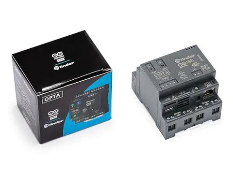 Opta WiFi Industrial IoT Controller With Modbus, Digital I O, Analog Inputs, And Cloud Ready Remote Monitoring, shown with packaging