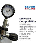 Scuba Choice DIN tank pressure gauge on stainless steel valve, front view, 5000 psi/350 bar dial