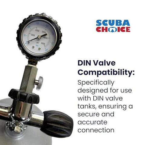 Scuba Choice DIN tank pressure gauge on stainless steel valve, front view, 5000 psi/350 bar dial