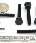 Nylon Thumb Screws With Shoulder Knurled Head 1/4-20 Thread Black 1-1/2 Inch Long Pack Of 12 displayed on ruler and coin.