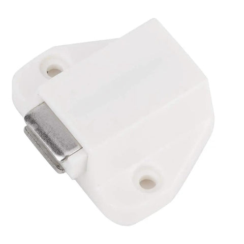 Close-up of a single white unit from the 8 Pack Strong Magnetic Door Catch Kit For Cabinets And Cupboards, Easy Install Magnetic Cabinet Door Catch