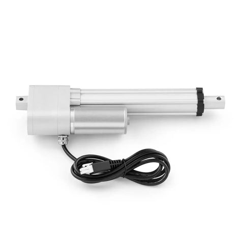 Potentiometer Feedback Mini Linear Actuator, 24V DC, 24 Inch Stroke, IP65 Water Resistant, side view with motor and wiring