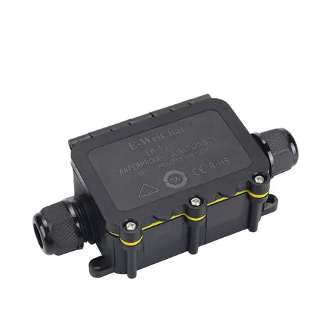 Heavy Duty Pa66 Junction Box With Ip68 Waterproof Rating And Dual Quick Connect Ports For Hella Reliable Extension Cord Repairs And Coaxial Underground Wiring Jobs Anywhere, shown from the side angle.