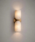 GLEAMING NEST Modern Alabaster Wall Sconce, Double Light Fixture with fluted shades and antique brass finish.