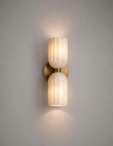 GLEAMING NEST Modern Alabaster Wall Sconce, Double Light Fixture with fluted shades and antique brass finish.