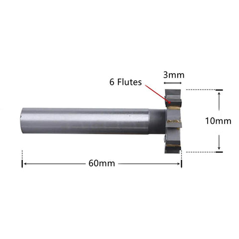 10mm By 3mm By 60mm T Slot End Mill For Woodruff Keyseat And Keyway Milling With Six Flutes, Straight Shank, High Speed Steel Cutter