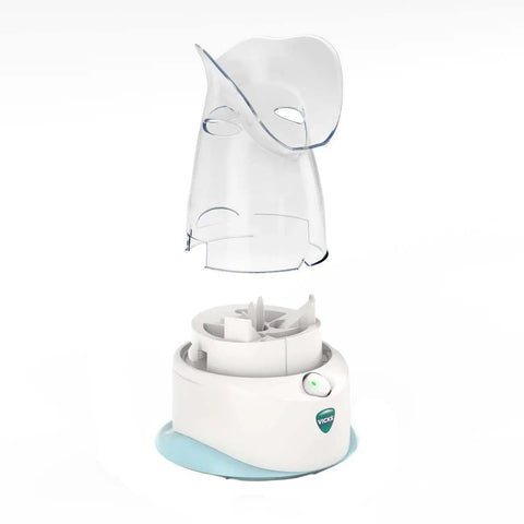 Personal Steam Inhaler For Targeted Allergy And Cold Congestion Relief device with clear mask and white base