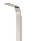 HomeStock Modern Stainless Steel Shower System with Rain Head, Body Jets, Hand Shower, and Storage Shelf in Brushed Finish close-up view of rain shower head.