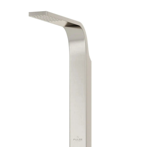 HomeStock Modern Stainless Steel Shower System with Rain Head, Body Jets, Hand Shower, and Storage Shelf in Brushed Finish close-up view of rain shower head.