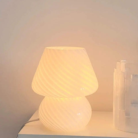 Mushroom Glass Desk Lamp With White Stripes, Vintage Murano Hand-Blown Style, glowing on a side table, perfect for modern decor.